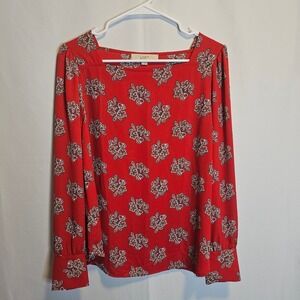 LOFT Red Floral Print Long Sleeve Blouse Top Square Neckline Size S